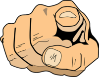 Eine menschliche Hand zeigt mit dem Zeigefinger auf den Betrachter