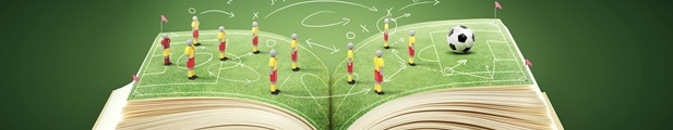 Illustration:aufgeschlagenes Buch bildet ein Fußballfeld mit einer Spielszene