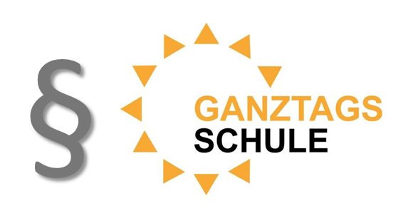 Illustration: Logo Ganztagsschule Rheinland-Pfalz und ein Paragraph-Zeichen