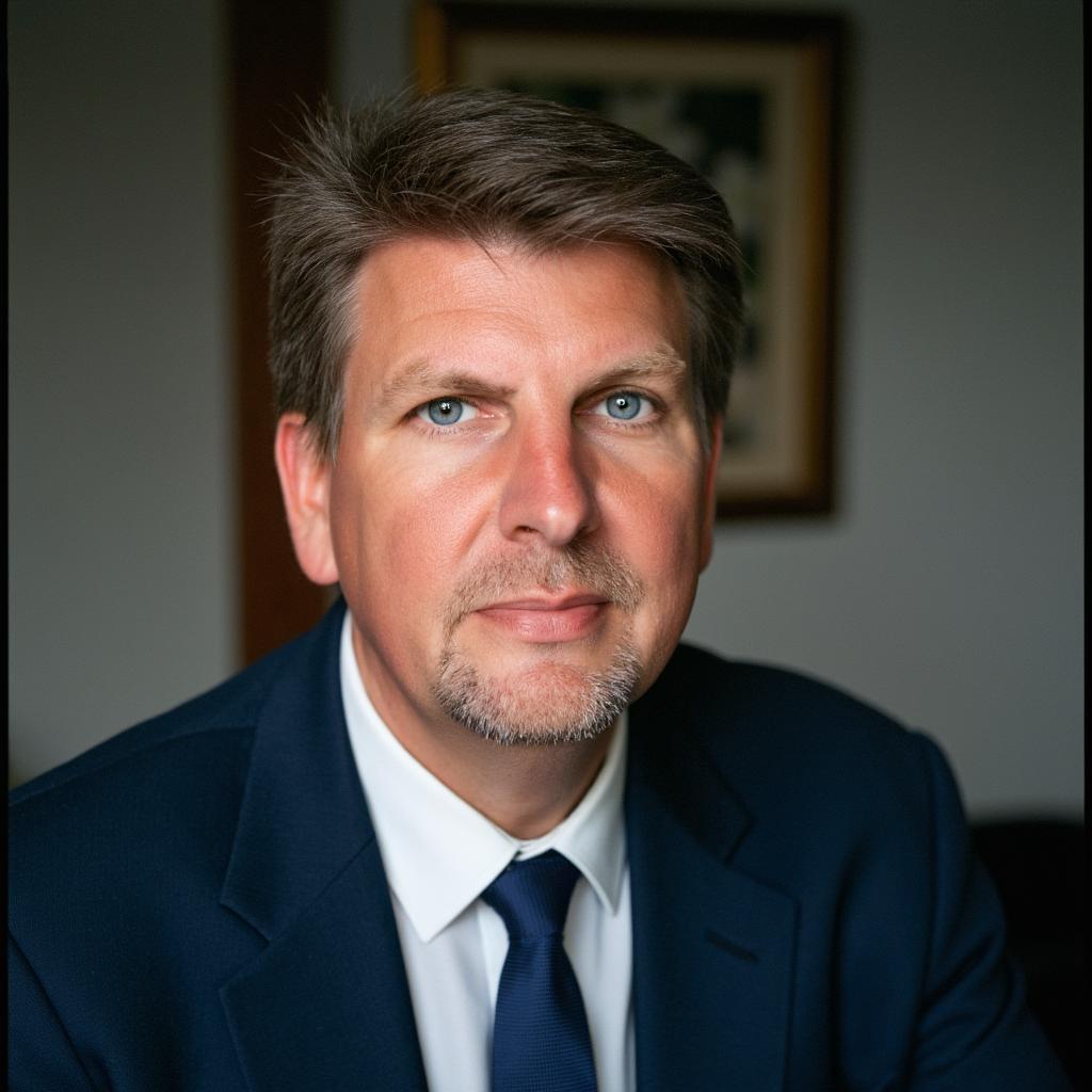 Portrait einer Person mit kurzen Haaren in dunklem Jackett, weißem Hemd und Krawatte