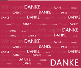 Roter Hintergrund, darauf in unterschiedlichen Schriftgrößen ist in heller Schrift das Wort "Danke" geschrieben