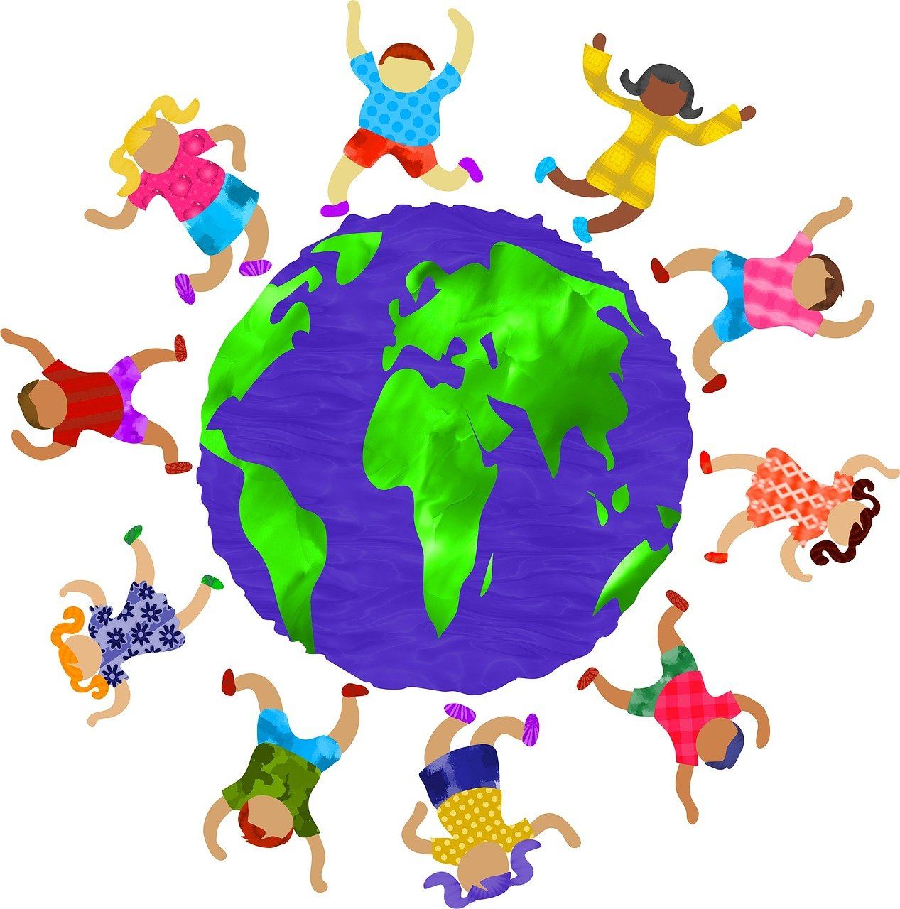Kinder aus verschiedenen Nationen tanzen um eine Weltkugel.
