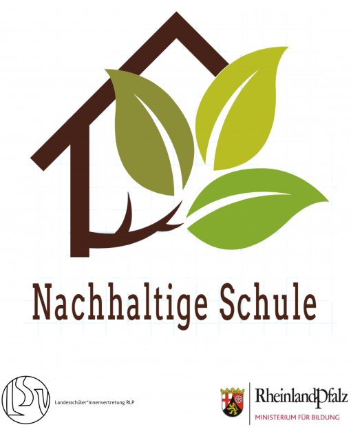 Logo "Nachhaltige Schule" (skizziertes Gebäude, in welchem eine Ast mit Blättern wächst)