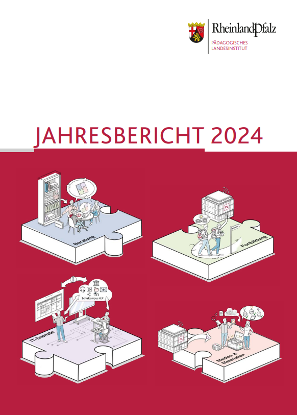 Titelbild des Jahresberichts 2024 des Pädagogischen Landesinstituts mit Logo rechts oben und den vier Puzzleelementen zur Illustration der Produkte Fortbildung, Beratung, Medien und IT-Dienste auf rotem Hintergrund
