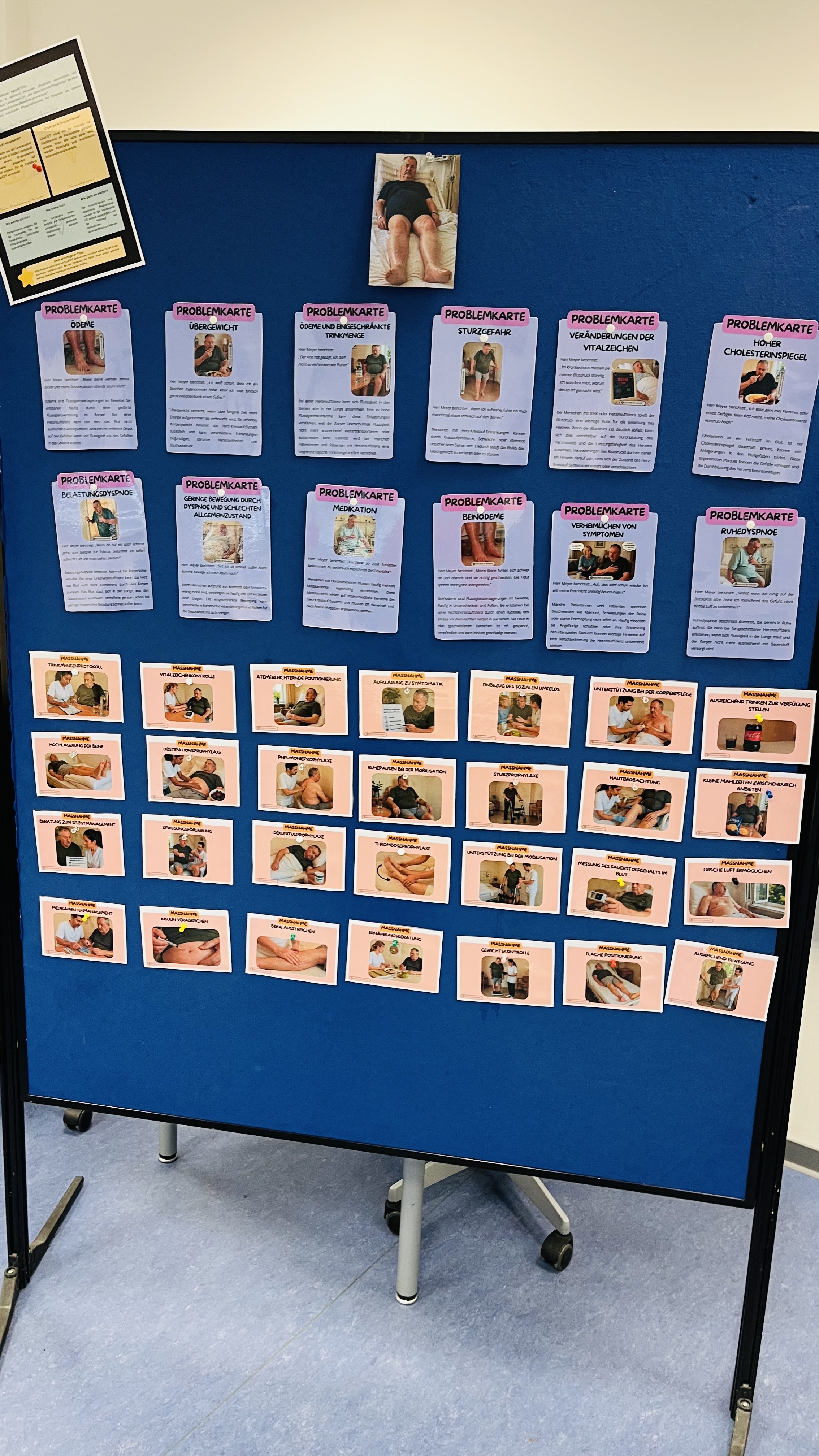 In einem Klassenraum ist eine blaue Pinnwand zu sehen, an der 41 bunte Bildkarten angepinnt (Problemlarten und Fallbeispiele) wurden, die mithilfe von KI entwickelt und vorgestellt wurden.