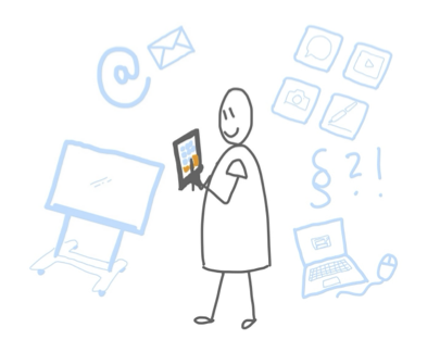 Eine Figur aus einfachen Linien hält ein iPad in der Hand. Um die Figur herum sind Laptop, Icons von Apps, ein Mail-Symbol und eine digitale Tafel gezeichnet.
