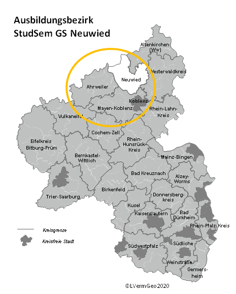 Ausbildungsbezirk des Studienseminars markiert auf einer Karte von Rheinland-Pfalz